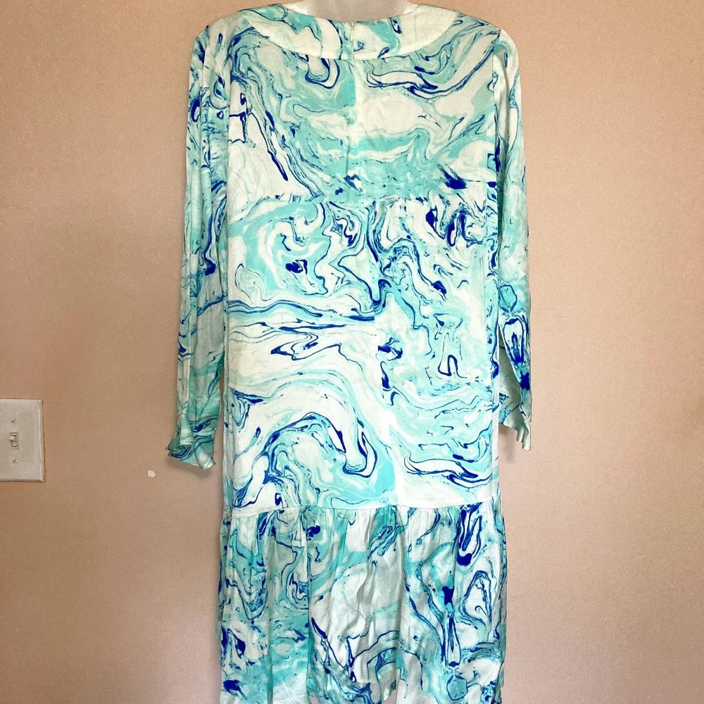 NWT Caryn Vallone Knee Length Dress Long Sleeve Blue Marble Swing Satin XS - Picture 2 of 9